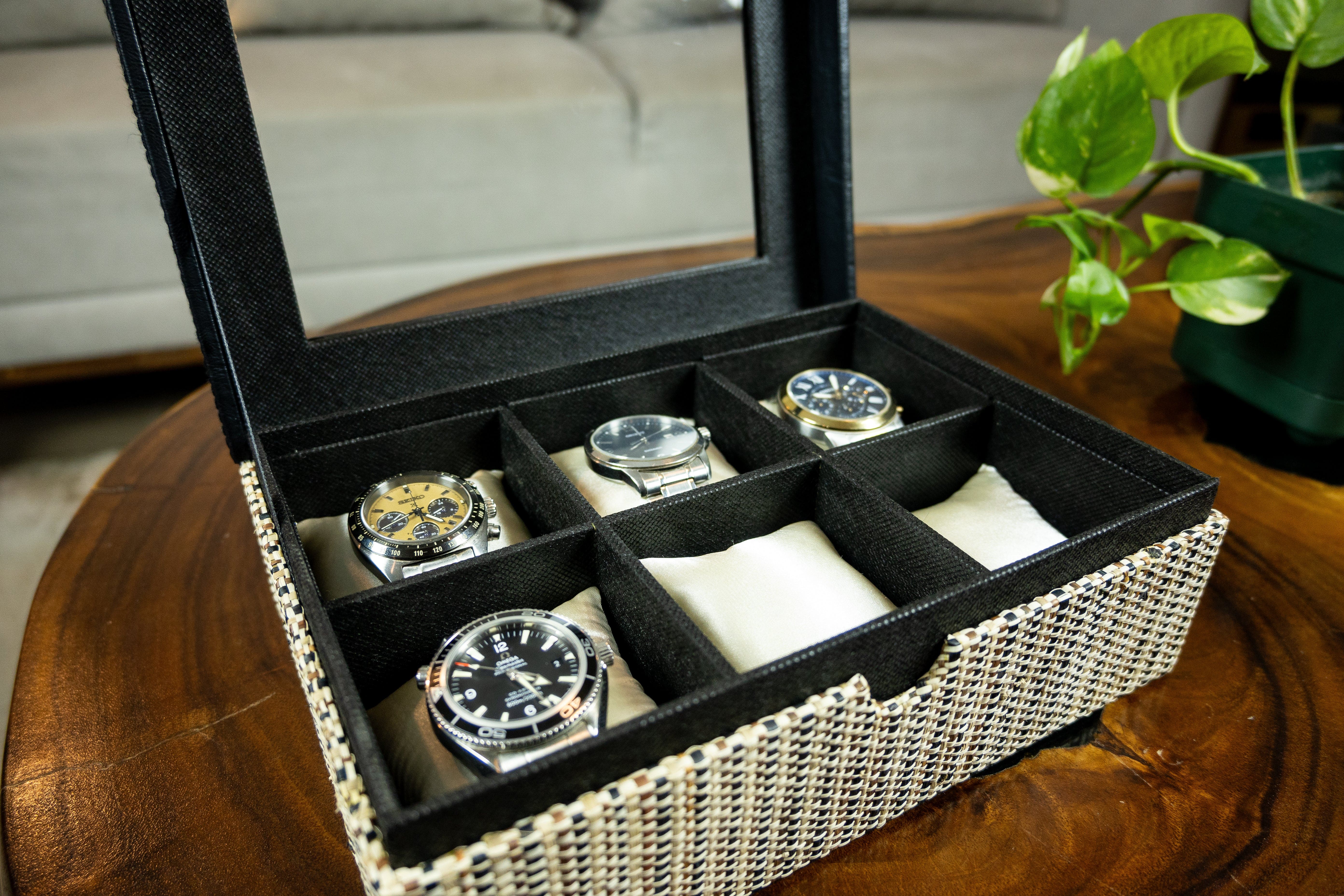 Medium Watch Organizer in Three-Toned Raffia