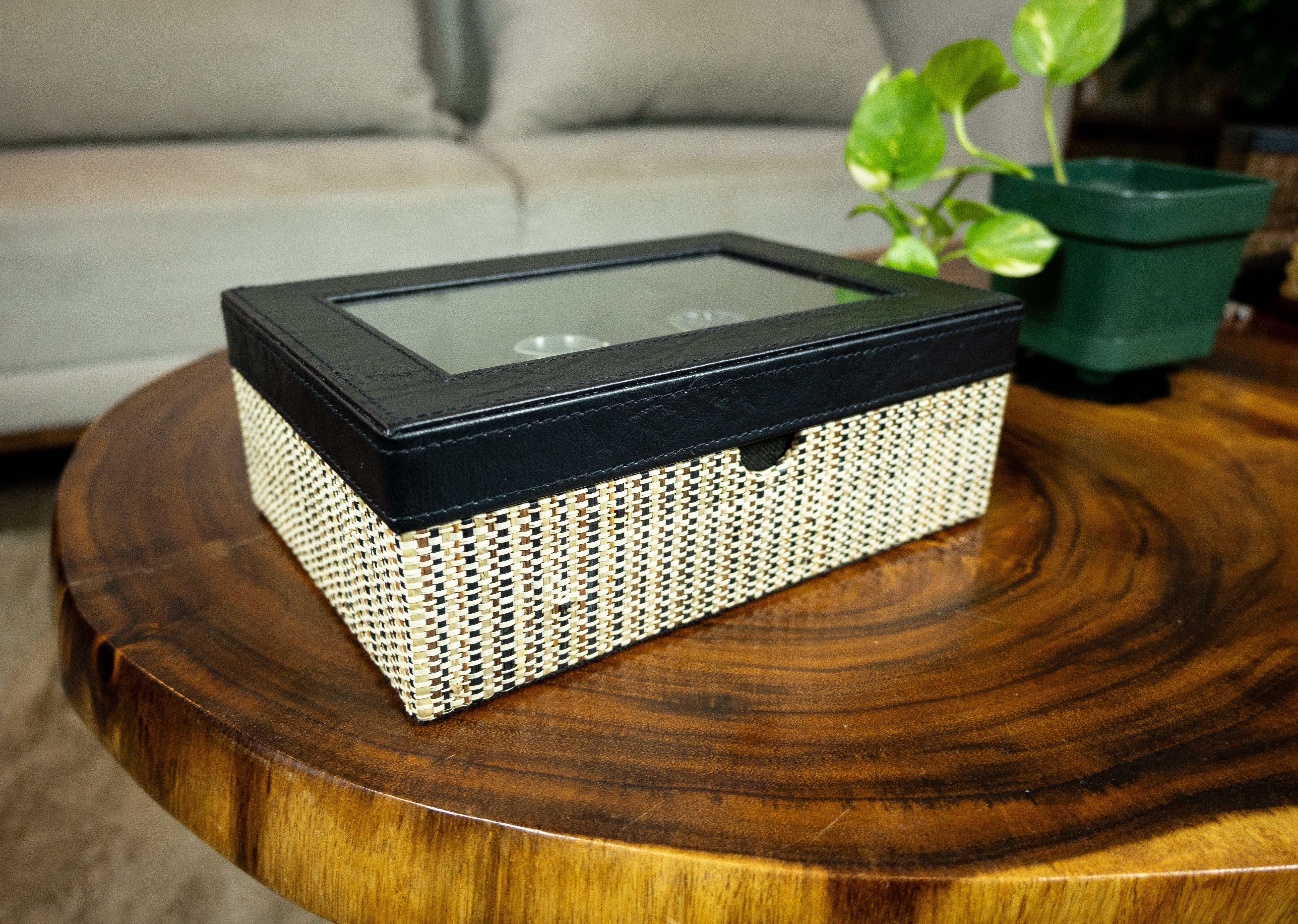 Medium Watch Organizer in Three-Toned Raffia