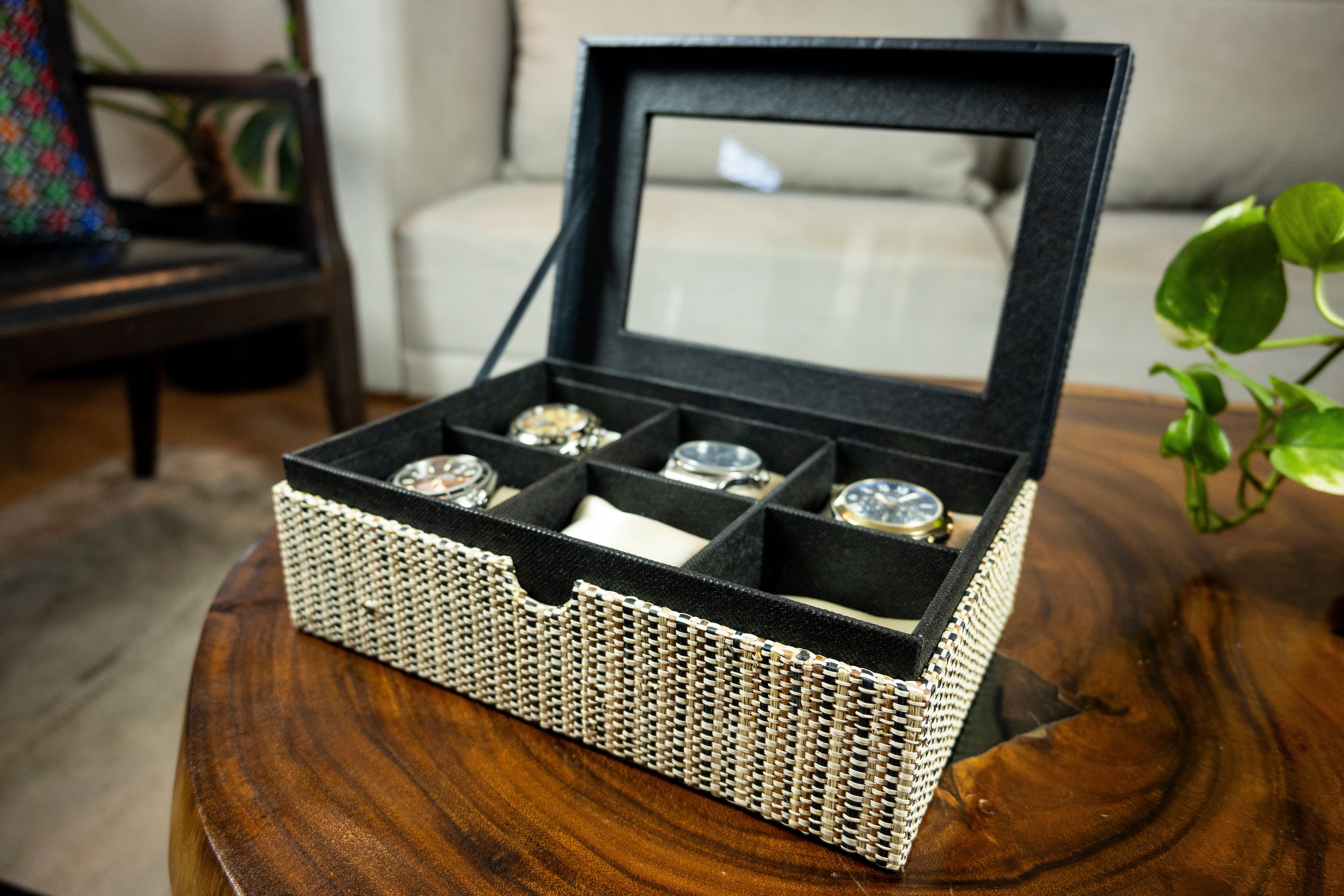 Medium Watch Organizer in Three-Toned Raffia