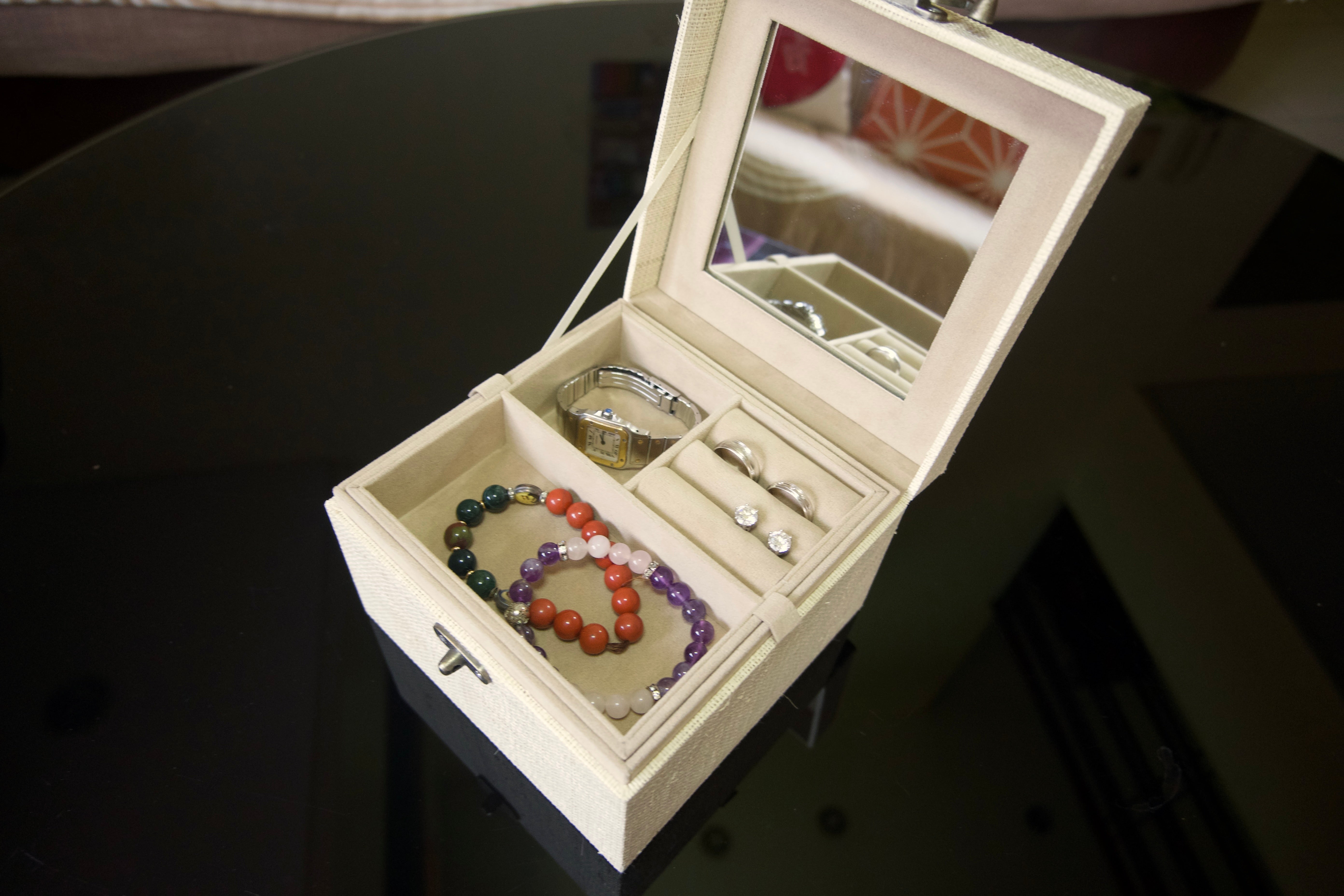 Jewelry Box Fine Raffia with Built-in Vanity Mirror