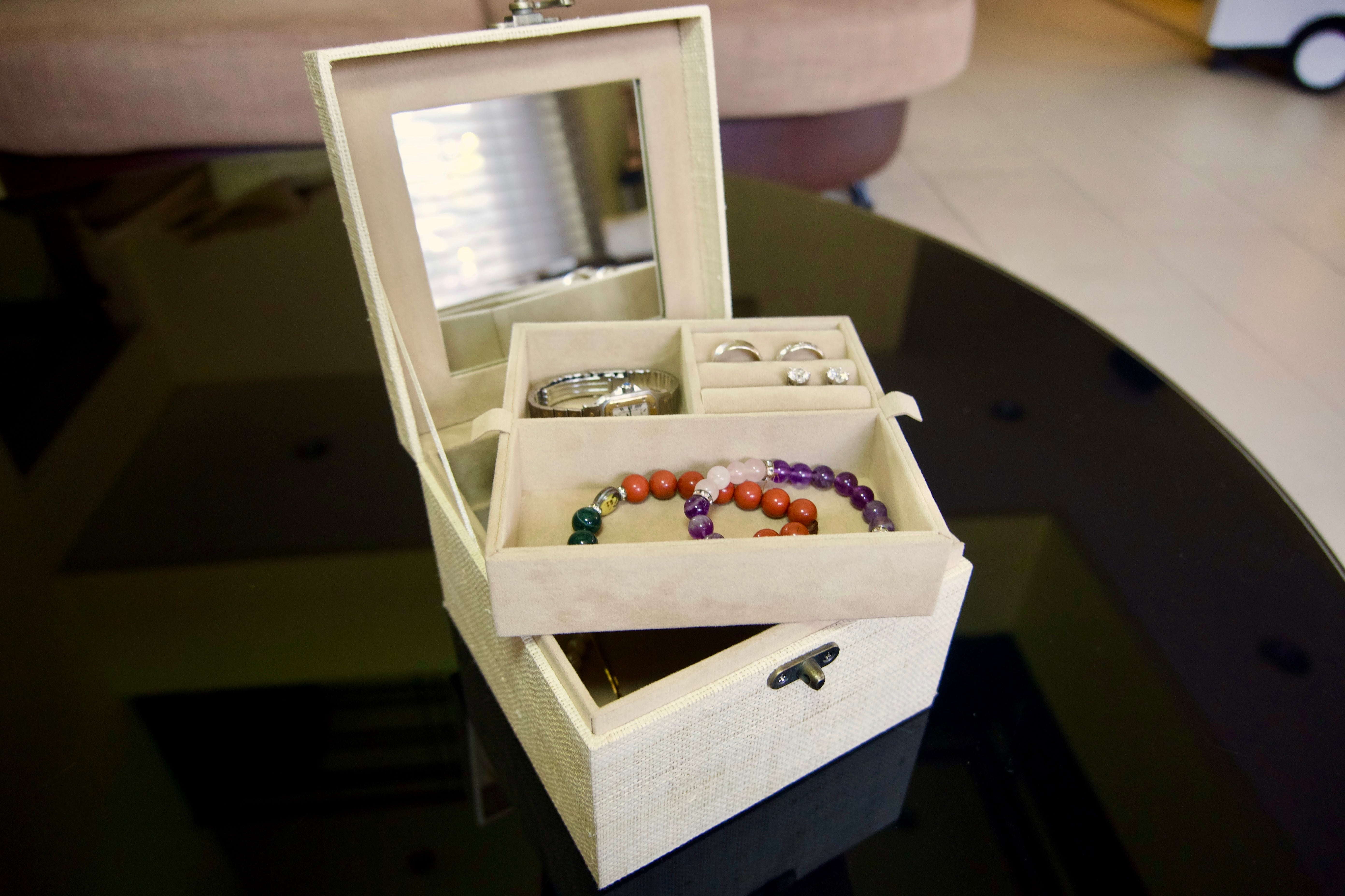 Jewelry Box Fine Raffia with Built-in Vanity Mirror