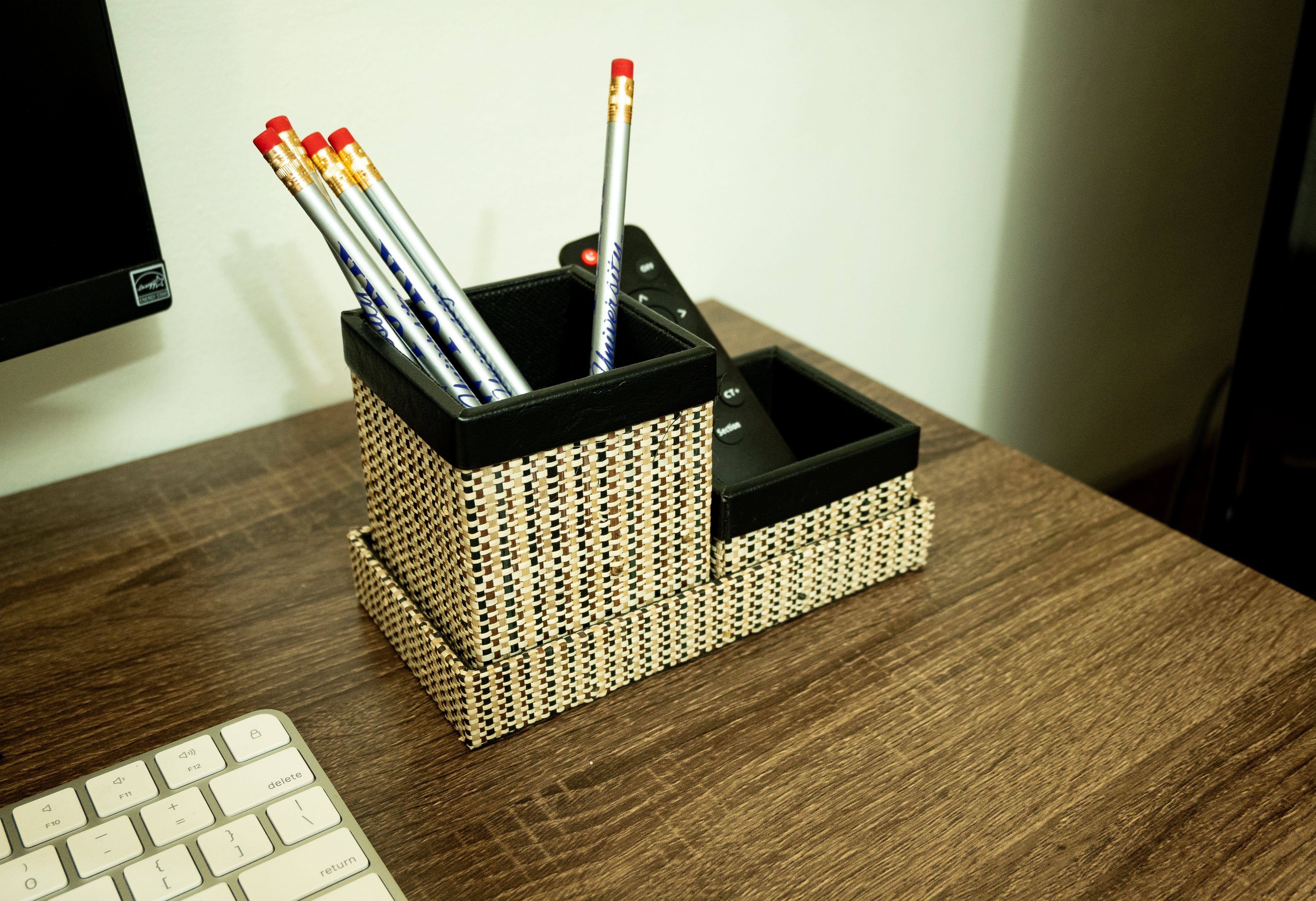 Desk Pen Remote Organizer in Three-Toned Raffia